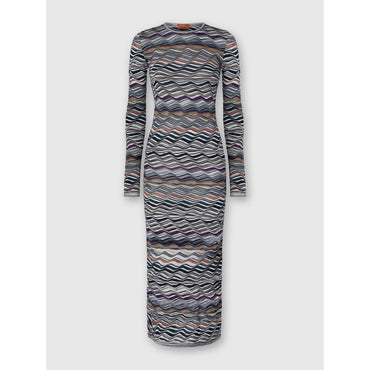 Long Sleeve Midi Dress With Wave Pattern - Multi