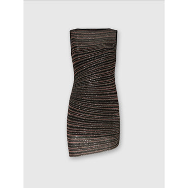 Boat Neck Mini Dress With Lamé Stripes - Brown