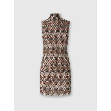 Embroided Lace High Neck Mini Dress - Brown