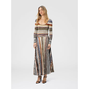 Long Dress With Pleated Skirt In Stripes - Multi