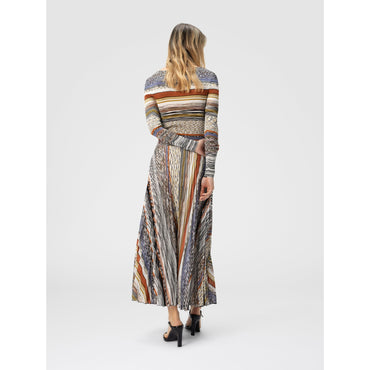 Long Dress With Pleated Skirt In Stripes - Multi