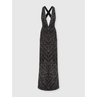 Long Dress With V-Neck And Check Pattern - Multi