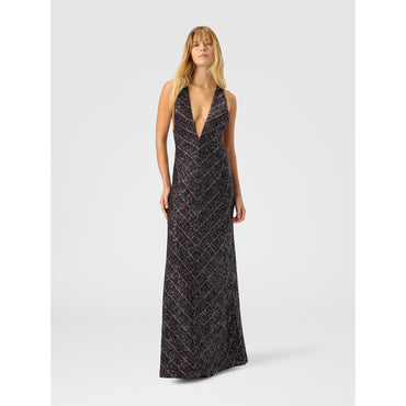 Long Dress With V-Neck And Check Pattern - Multi