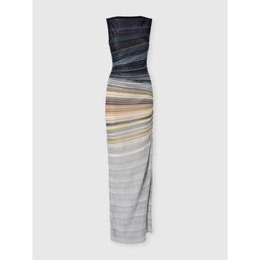 Long Boat-Neck Dress In Striped Knit - Blue