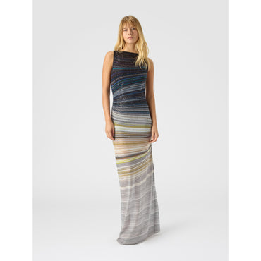 Long Boat-Neck Dress In Striped Knit - Blue
