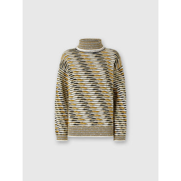 Oversized High-Neck Sweater With Flame Pattern - Yellow Brown