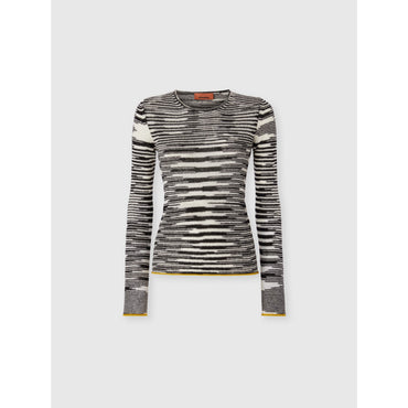 Crew Neck Sweater With Flame Pattern In Cashmere Blend - Black & White