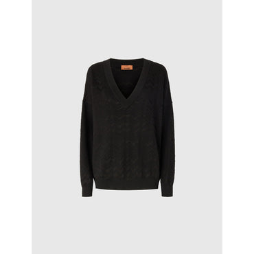 Oversized V-Neck Sweater In Chevron Pattern - Black