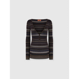 V-Neck Sweater In Ribbed Knit - Brown