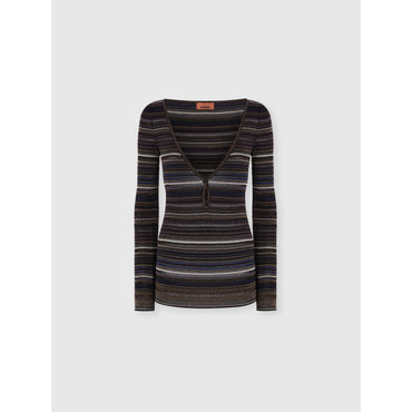 V-Neck Sweater In Ribbed Knit - Brown