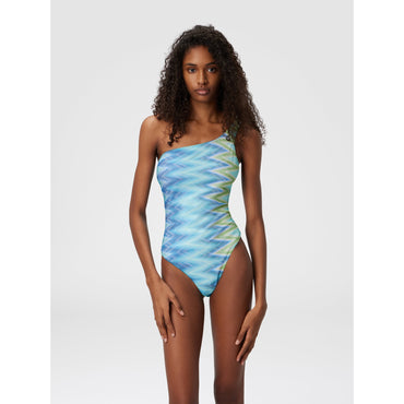 One Shoulder Stripe Swimsuit - Blue