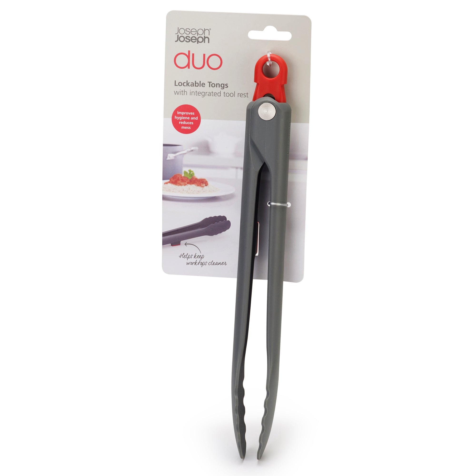 Duo Lockable Tongs with Tool Rest - Grey/Red
